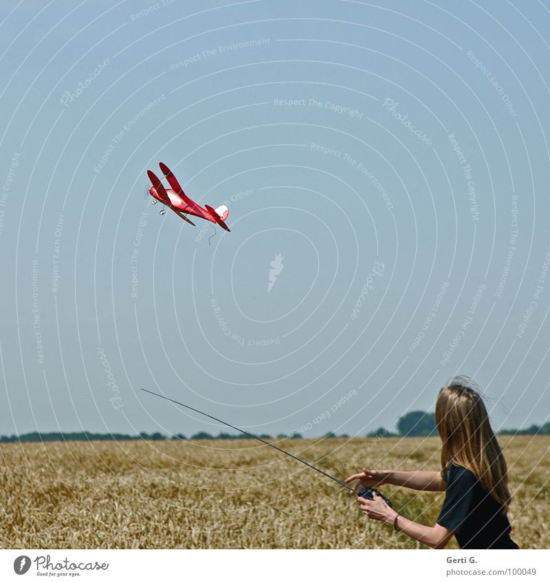 departure Model aeroplane Cornfield Red Remote control Antenna Playing Aircraft Upper body Wheat Cute Wheatfield Grass Depart Go up Long-haired Young man