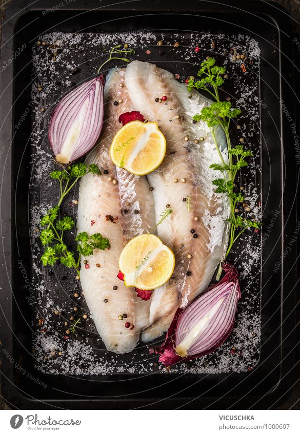 Pike perch fish fillet with red onion and lemon Food Fish Vegetable Herbs and spices Cooking oil Nutrition Lunch Dinner Organic produce Vegetarian diet Diet