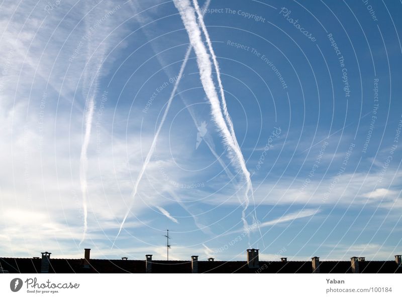 TicTacToe in the sky Clouds Vapor trail Roof Antenna Open Wanderlust Transience Wide angle Sky Aviation Beautiful weather partly cloudy Chimney Honest Many