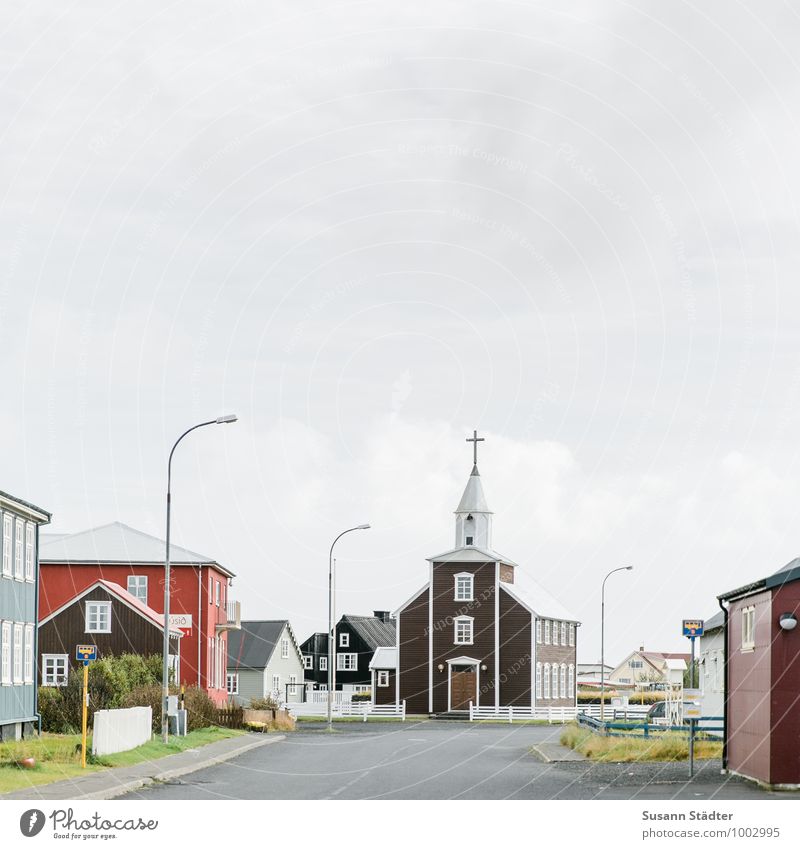 Eyrarbakki Village Small Town Port City Downtown Deserted House (Residential Structure) Detached house Church Bright Multicoloured Iceland Street lighting