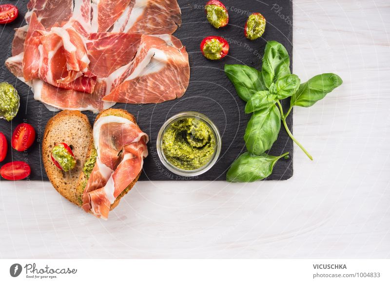 Italian Parma ham with bread and pesto Food Meat Sausage Roll Herbs and spices Cooking oil Nutrition Banquet Italian Food Crockery Style Design Kitchen