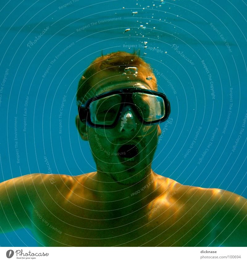 The man with the mask Man Diving goggles Swimming pool Dive Summer Hot Physics Air bubble Mouth Sports Playing Mask diving mask Underwater photo Warmth