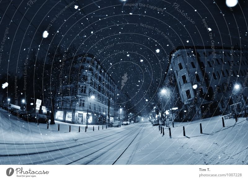 Winter in the city Snow Snowfall Berlin Capital city Downtown Old town Calm chestnut avenue Colour photo Exterior shot Deserted Copy Space bottom Night