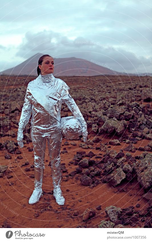 Hello IV Art Adventure Esthetic Astronaut Silver Mars Martian landscape Stony Planet Wanderlust Woman Emancipation Universe Colour photo Exterior shot