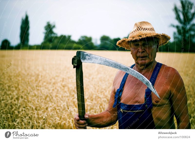 Sens(e)ibel The Grim Reaper Scythe Field Agriculture Farmer Grandfather Man Brown Sunbathing Leather Executioner Tee off Wheat Overalls Old Straw hat