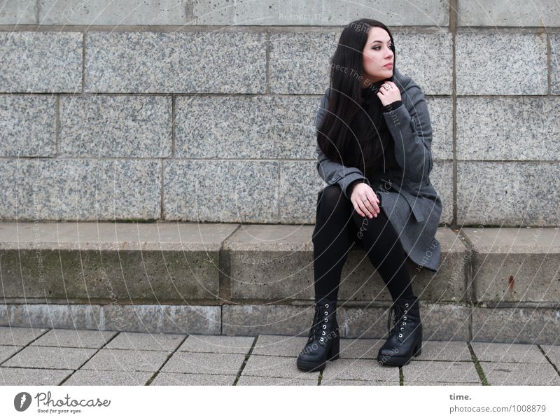 . Feminine Young woman Youth (Young adults) 1 Human being Wall (barrier) Wall (building) Stairs Coat Footwear Black-haired Long-haired Observe Looking Sit Wait