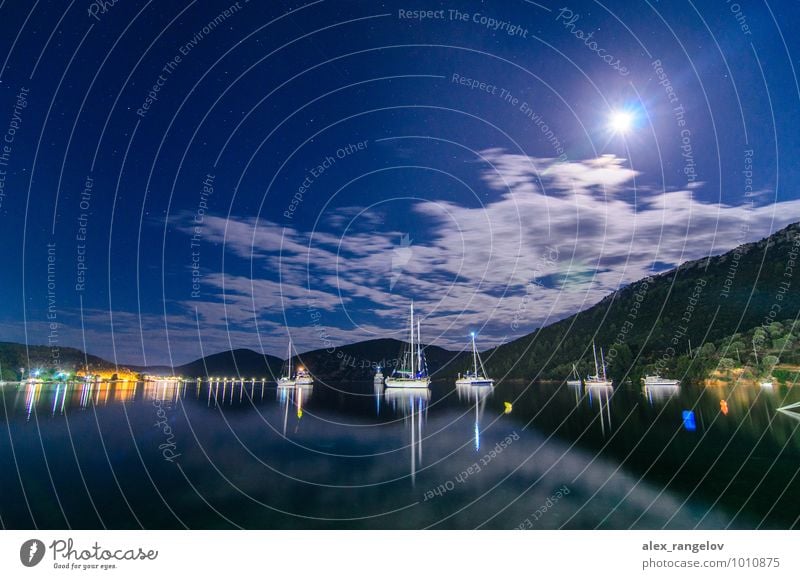 Moon over Porto Cufo bay Landscape Water Sky Night sky Stars Full  moon Summer Coast Bay Harbour Yacht harbour Beautiful Blue Romance Relaxation Serene Climate