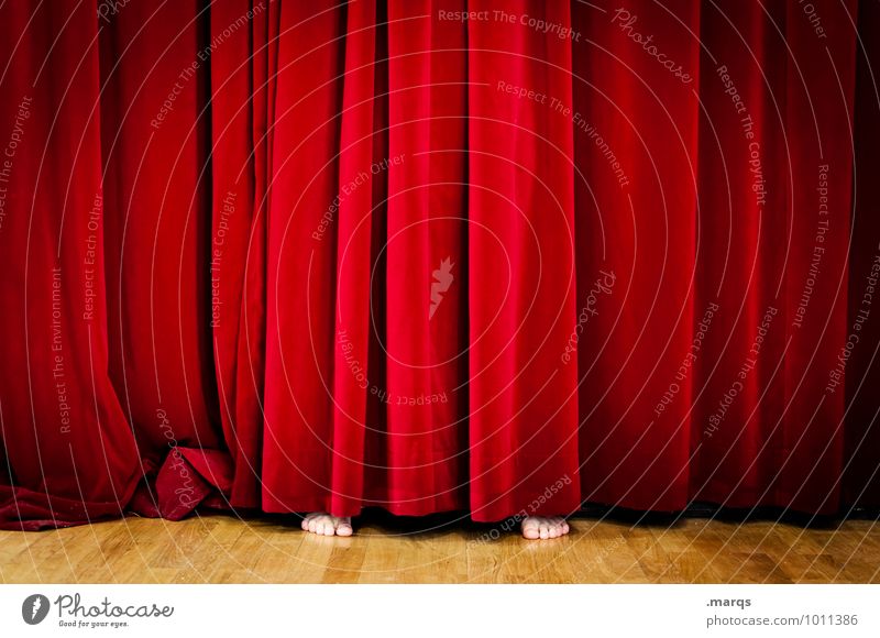 stage fright Human being 1 Stage Culture Cinema Beautiful Red Inhibition Hide Drape Barefoot Shows Whimsical Stage play Surprise Event Colour photo