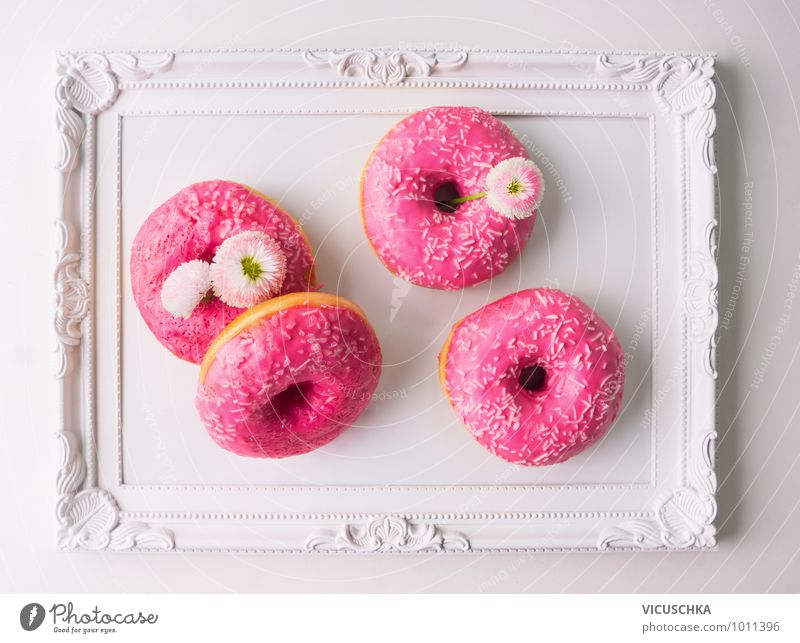 Pink donut and daisy on white tray Food Cake Candy Nutrition Diet Style Design Flat (apartment) Garden Decoration Kitchen Feasts & Celebrations Spring Flower
