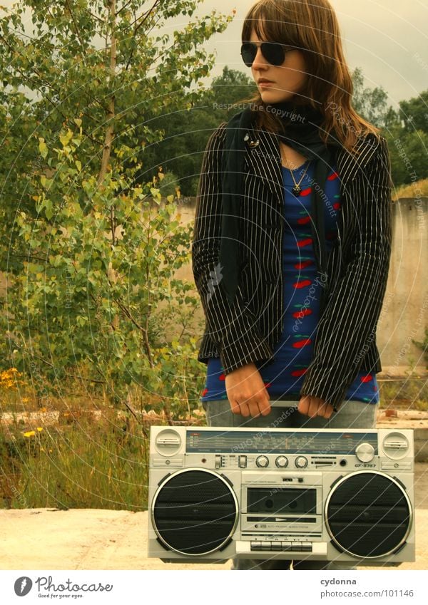 RADIO ACTIVE VI Woman Style Music Sunglasses Industrial site Jacket Concrete Stand Ghetto blaster Derelict Human being Cool (slang) porn Radio (broadcasting)