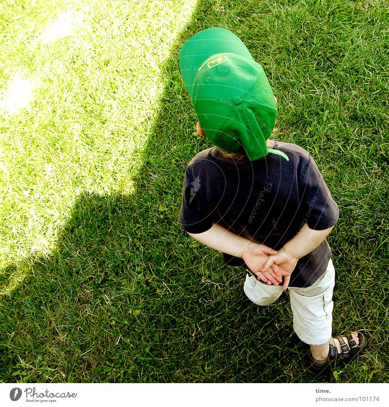 Little Philosopher Light Shadow Looking Contentment Summer Sun Boy (child) Back Meadow Think Green Concentrate Baseball cap Sandal Lawn folded hands ponder