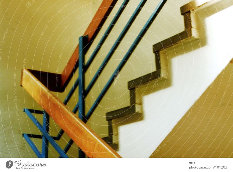 stairwell Dresden Staircase (Hallway) Sunlight Yellowed Employees &amp; Colleagues Wood Industry robotron site Stairs Idea Handrail Blue echoing rear building