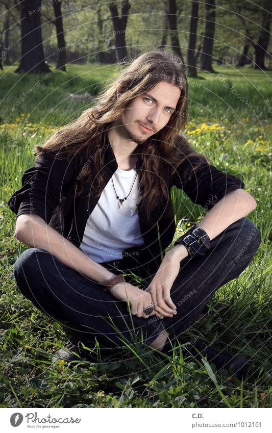 Erik II Young man Youth (Young adults) 18 - 30 years Adults Spring Beautiful weather Park Meadow Forest Shirt Jeans Brunette Long-haired Part Designer stubble