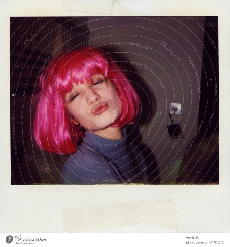 kiss Pink Kissing Portrait photograph Woman Beautiful Wig Exuberance Joy Mouth Face Polaroid Love Carnival Party goer