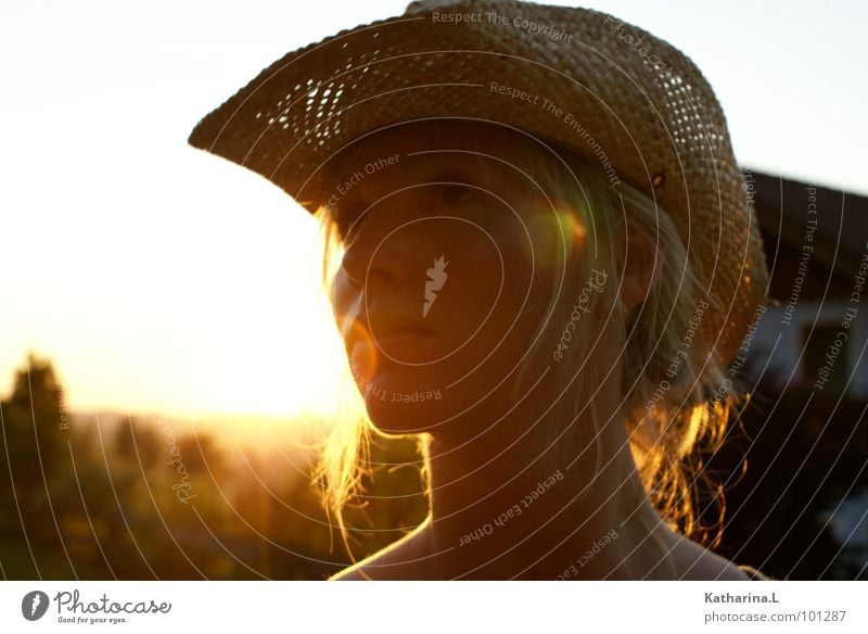 cowgirl Blonde Cowboy Sunset Summer Physics Close-up Think Dreamily Romance Beautiful Side Portrait photograph Woman Hat Warmth Evening Head Loneliness Upward
