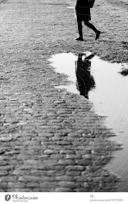 mirroring Human being Feminine Woman Adults Life Legs 1 Environment Water Autumn Winter Climate Climate change Weather Bad weather Rain Puddle Cobblestones