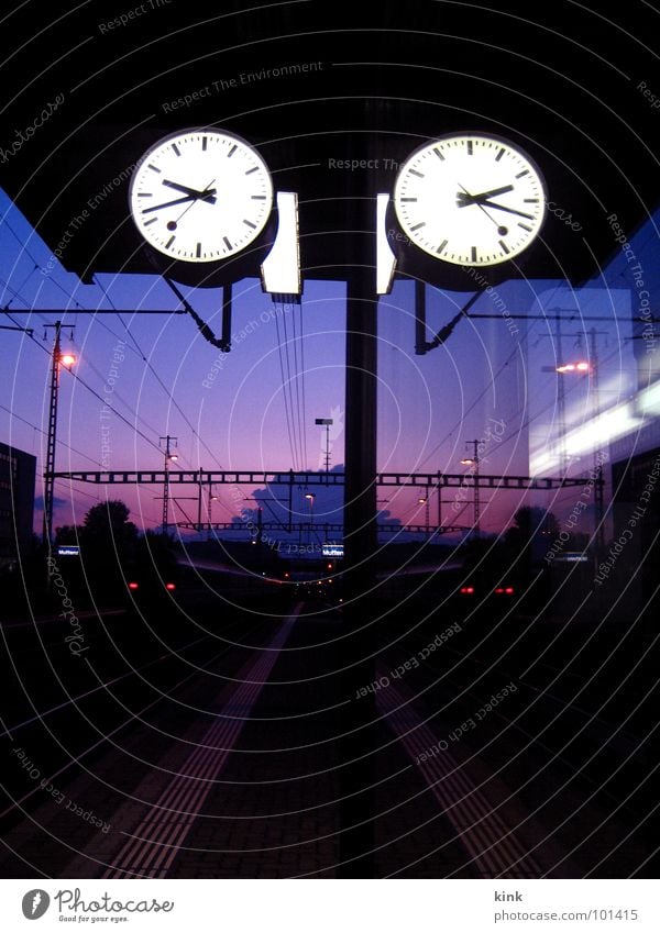 Train Station Clock Train station Railroad Railroad tracks Wait Violet Red Moody Perspective Time Vanishing point train Colour photo Exterior shot Deserted
