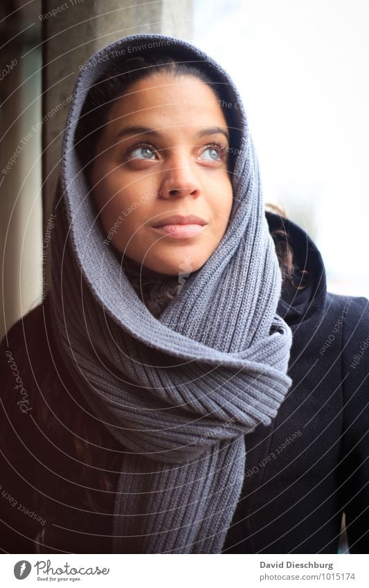 In thought Feminine Young woman Youth (Young adults) Face 1 Human being 18 - 30 years Adults Headscarf Black-haired Blue Brown Gray White Contentment Optimism