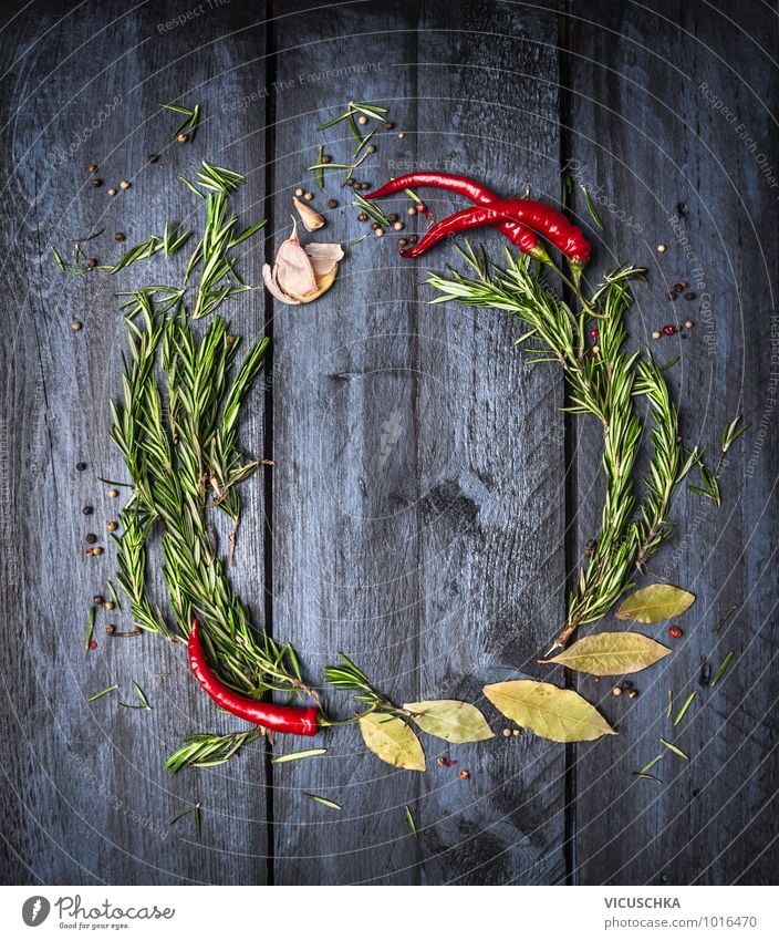 Rosemary, chili and spices on a blue wooden table Food Herbs and spices Nutrition Style Design Healthy Eating Life Kitchen Background picture Text Chili herbs