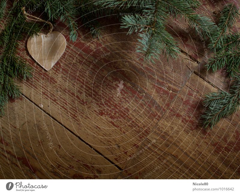 wooden heart Heart Fir branch Wood Wooden floor Hallway Green Christmas & Advent Old Floor covering spruce branch Coniferous trees Vintage Colour photo Deserted
