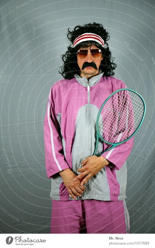 game set match Lifestyle Leisure and hobbies Sports Ball sports Masculine Sunglasses Black-haired Curl Moustache Whimsical Tennis rack Track-suit top