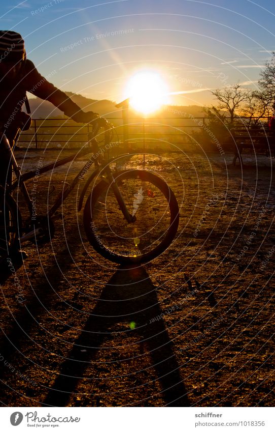 Yes, I've got a bike. Human being Arm 1 Stand To hold on Retentive Bicycle Cycling tour Bicycle handlebars Bicycle frame Mountain bike Mountain biking Sunset