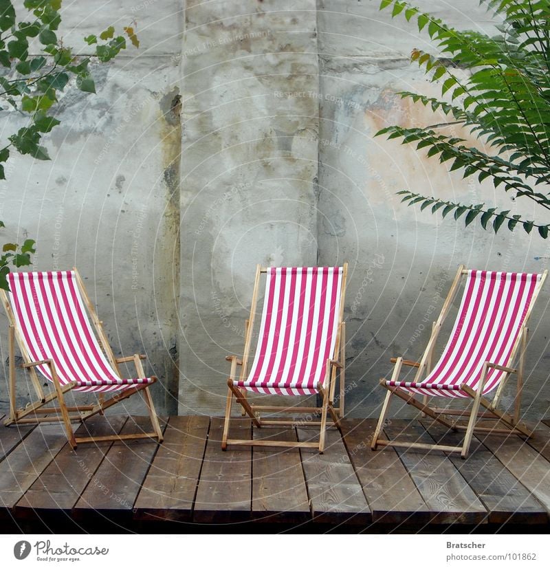 empty chairs Deckchair Terrace Striped Empty Grief Miss Wall (barrier) Wood Frustration Summer Relaxation 3 Chair Dream To enjoy Closing time Boredom Club