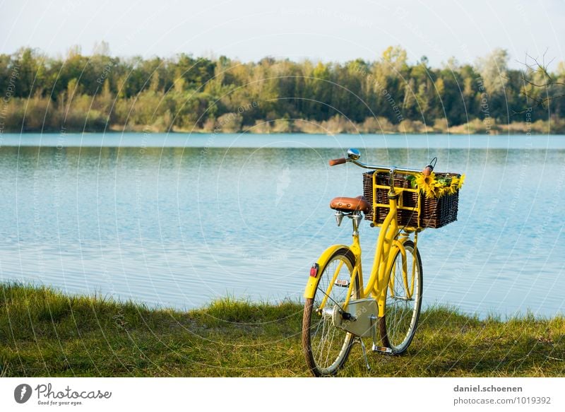 season opening Swimming & Bathing Leisure and hobbies Trip Cycling tour Summer Beautiful weather Lakeside Relaxation Blue Yellow Green Lake Baggersee Bicycle