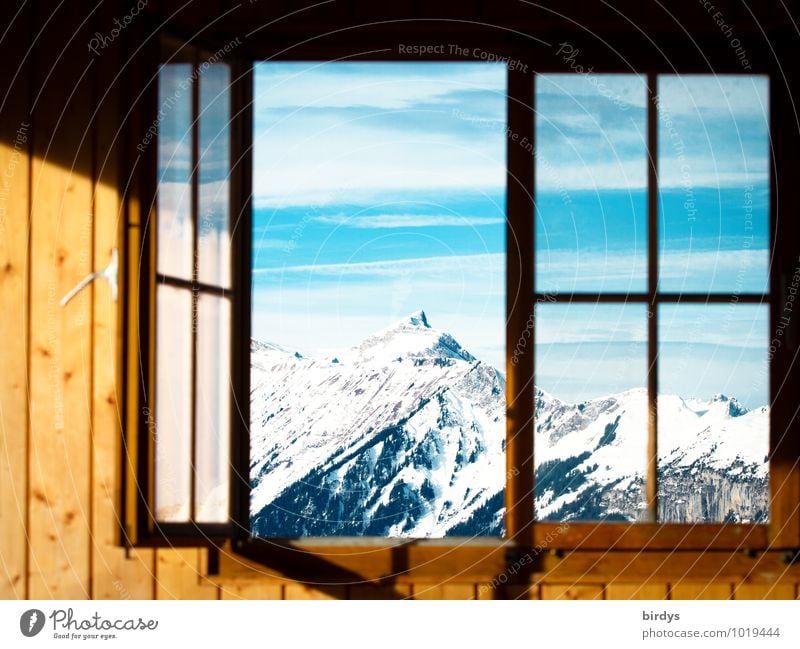 outlook Living or residing Sky Sun Winter Beautiful weather Alps Mountain Snowcapped peak Window Wood Esthetic Positive Blue Yellow Idyll Nature Calm