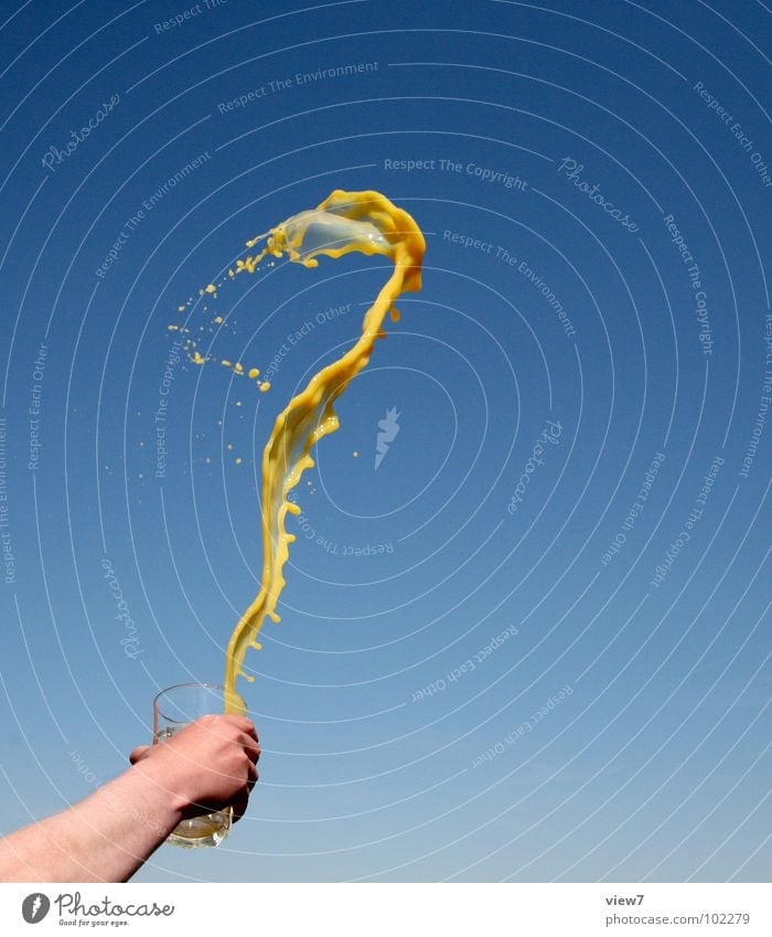 Hey. Juice Speed Orange juice Hand Inject Mug Waves Frozen Short Movement Joy Arm Sky Glass Drops of water Vessel Snapshot