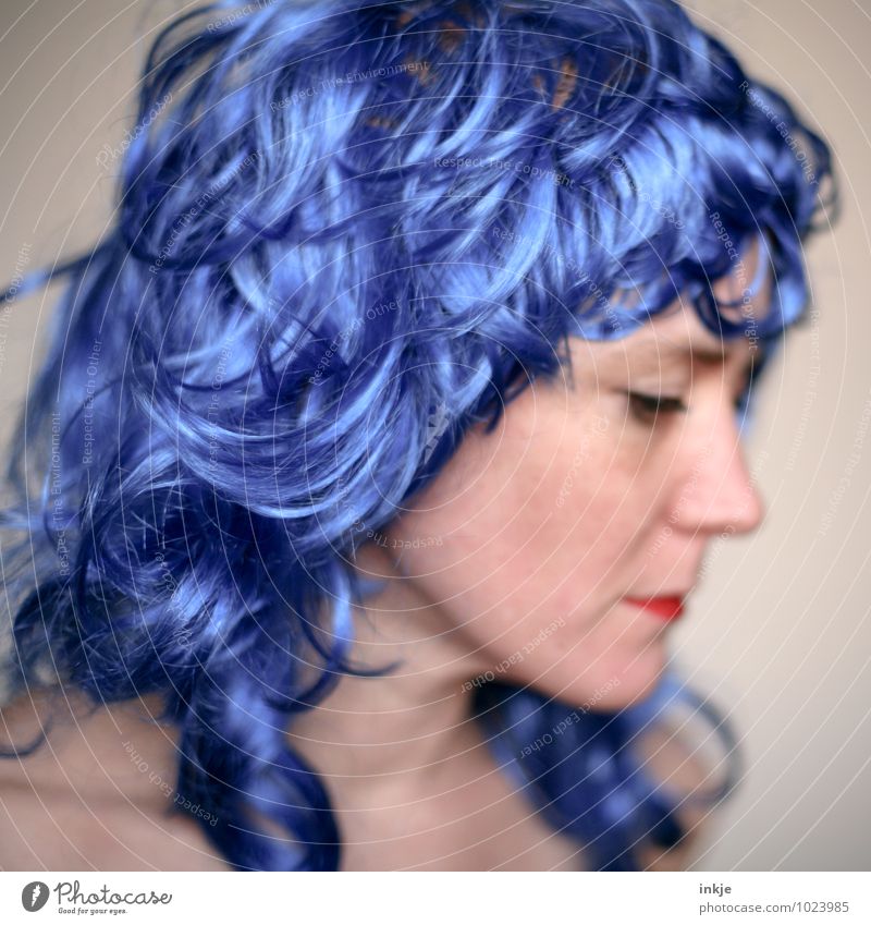 Blue wave Lifestyle Joy Leisure and hobbies Going out Carnival Woman Adults Hair and hairstyles Face 1 Human being 30 - 45 years Long-haired Curl Wig Think