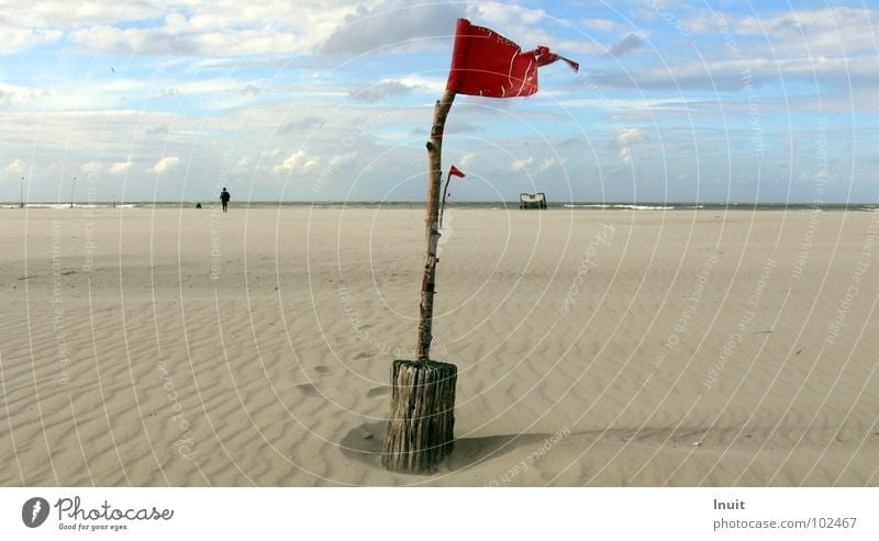 banner Flag Red Beach Ocean Horizon Remark Norderney Loneliness Infinity Clouds Gale Coast Sand Sky Road marking Signage North Sea Island Wind