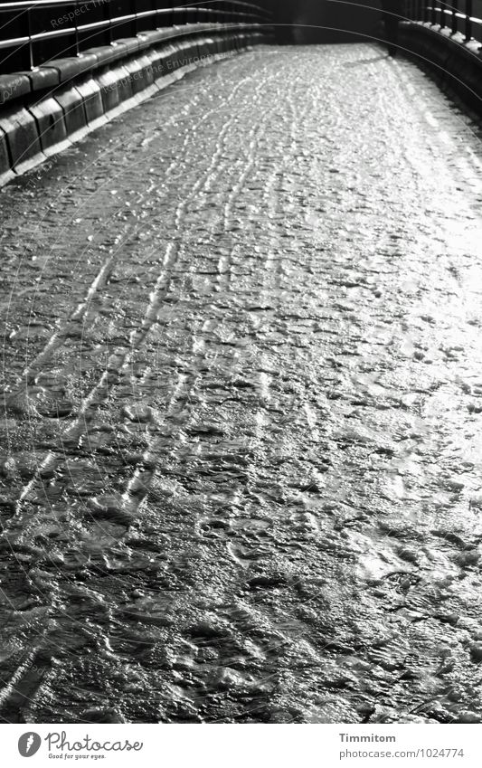 Uffbasse! Feminine 1 Human being Environment Winter Ice Frost Lanes & trails Bridge Footprint Line Going Esthetic Dark Glittering Gray Black White Emotions