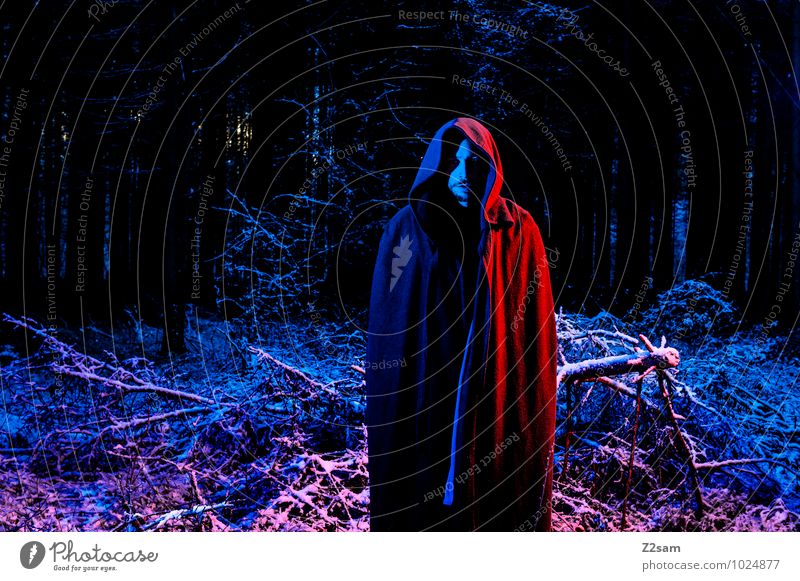 so dark the night Masculine Young man Youth (Young adults) 18 - 30 years Adults Coat Monk's habit Hooded (clothing) Stand Threat Dark Creepy Cold Blue Red