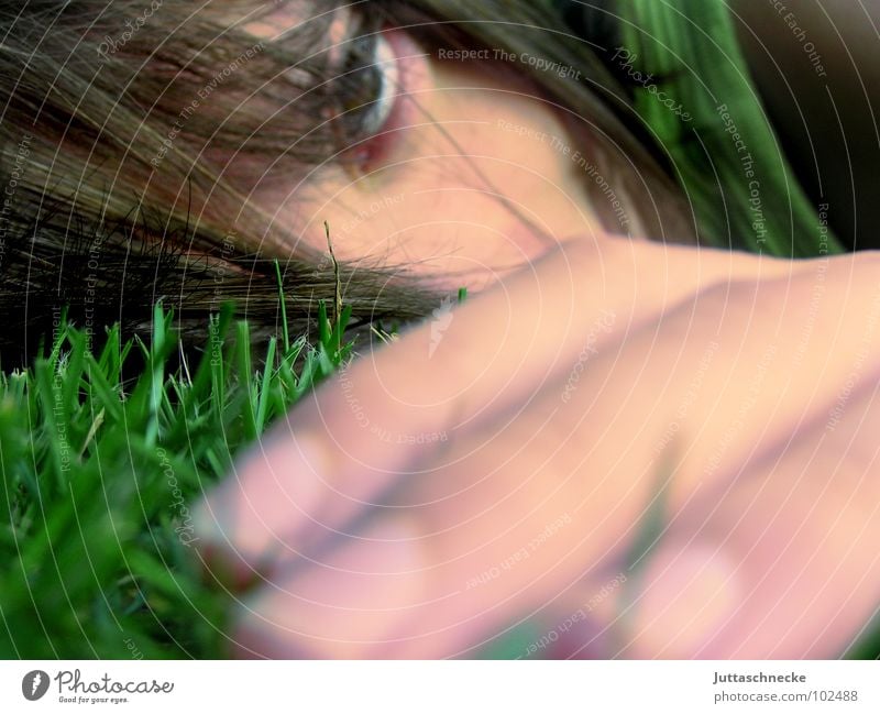 Back to nature Grass Green Blur Hand Fingers Close-up Youth (Young adults) Lie Distress Feeble Woman Face Eyes Hair and hairstyles Face of a woman Women's eyes