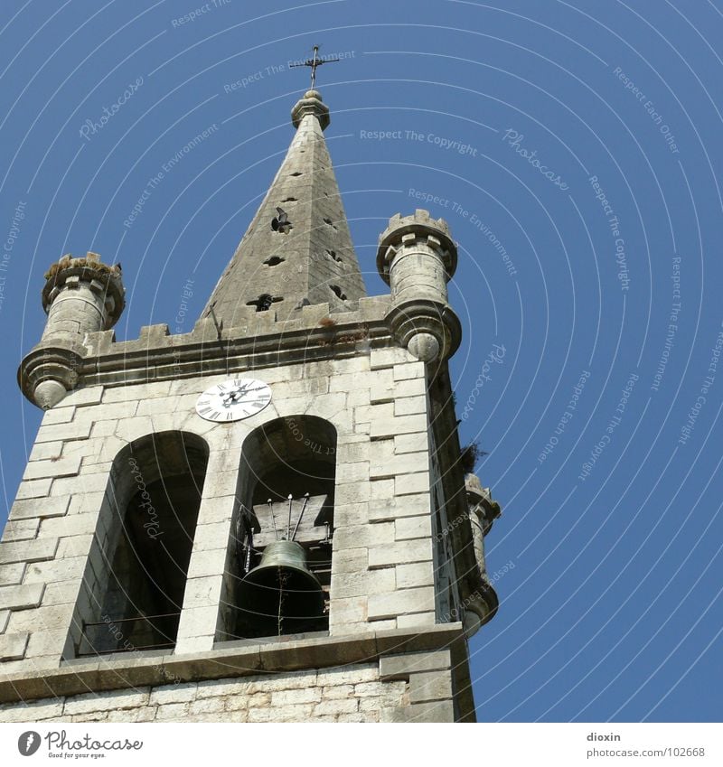 Casteljau church tower Colour photo Exterior shot Deserted Copy Space right Copy Space top Day Sunlight Funeral service Cloudless sky Beautiful weather Village