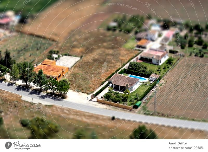 Mini landscape in Andalusia Tilt-Shift Small Miniature Bird's-eye view Andalucia Green Brown Tree House (Residential Structure) Village Field Summer Europe tilt