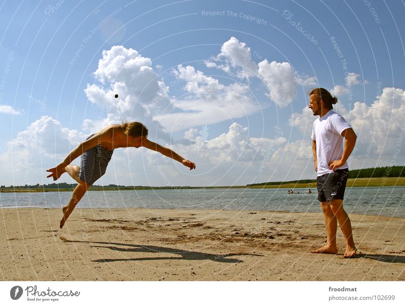 hackysac Action Germany Summer Clouds Lake Beach East Playing Physics Exuberance Youth (Young adults) froodmat Joy Ball Sky Water sand open pit Warmth Blue