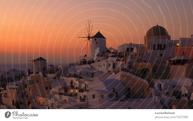 red sky behind the historical mill of Oia Relaxation Calm Vacation & Travel Historic Sky Cloudless sky Sunrise Sunset Sunlight Beautiful weather Santorini