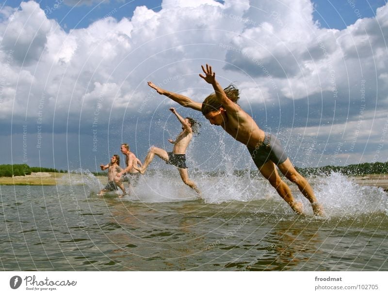 ready to take off Action Germany Summer Jump Inject Lake Beach Physics Clouds Joy Swimming & Bathing froodmat Water Warmth Sky