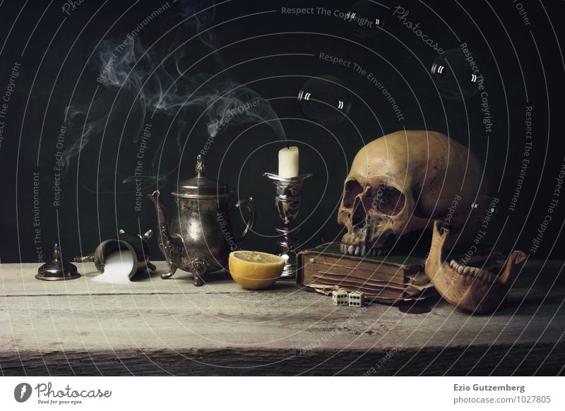 Vanitas with Skull and Tea Set, old Book and Soap Bubbles Food Crockery Life Human being Head Art Work of art Painting and drawing (object) Reading Decoration