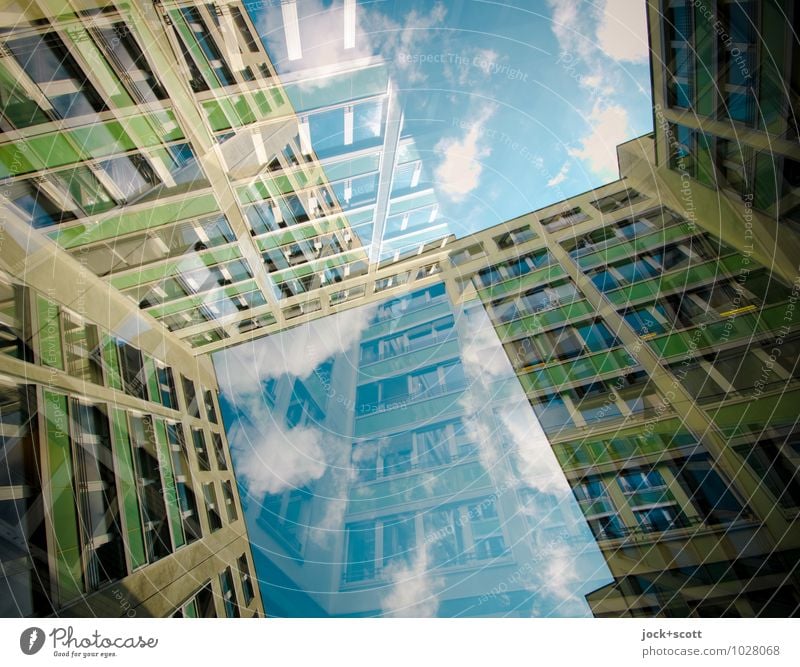Window to the courtyard Clouds Office building Facade Backyard Sharp-edged great Modern Innovative Inspiration Complex Perspective Irritation Double exposure