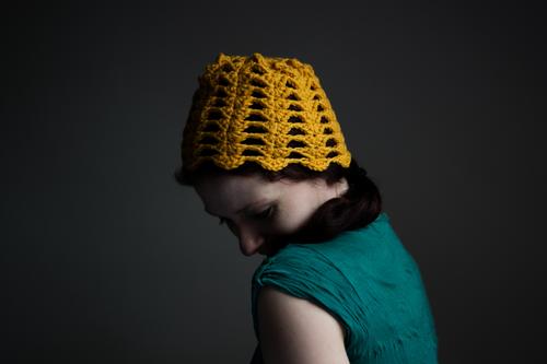 yolk head Handcrafts Knit Human being Feminine Woman Adults Head Hair and hairstyles Face 1 Cap Yellow Crochet Wool Woolen hat Colour photo Interior shot