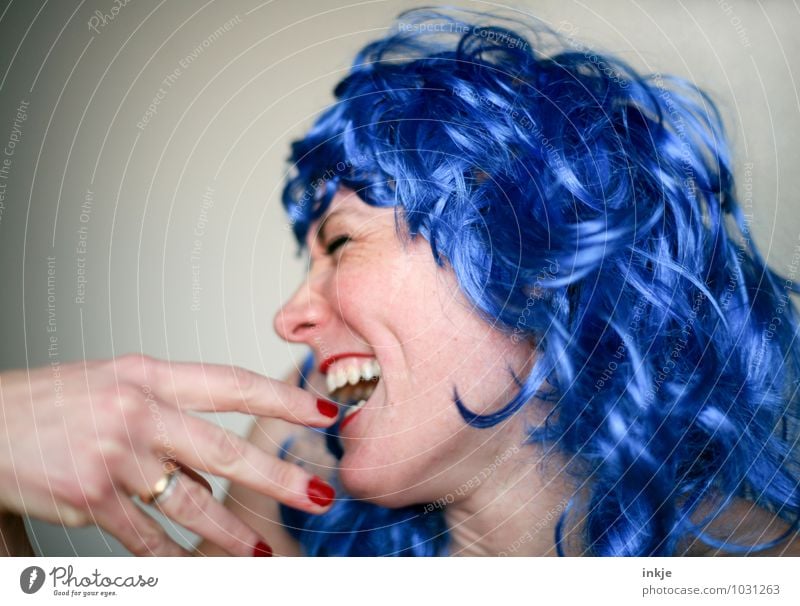 Laughing Woman with blue wig Lifestyle Joy Beautiful Entertainment Party Going out Feasts & Celebrations Flirt Carnival Adults Face 1 Human being 30 - 45 years