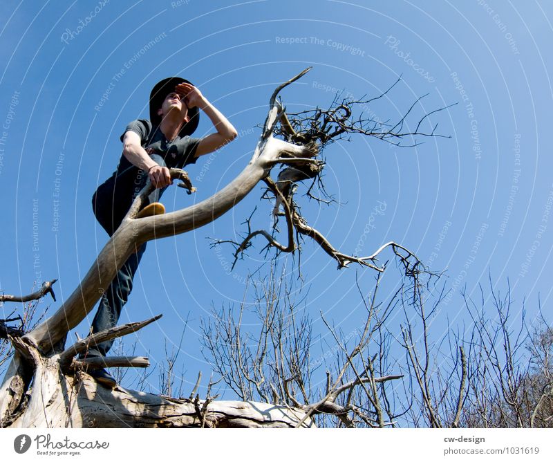 AusBlick - Young man enjoying the view from a tree Joy Relaxation Calm Leisure and hobbies Hunting Vacation & Travel Trip Adventure Far-off places Freedom
