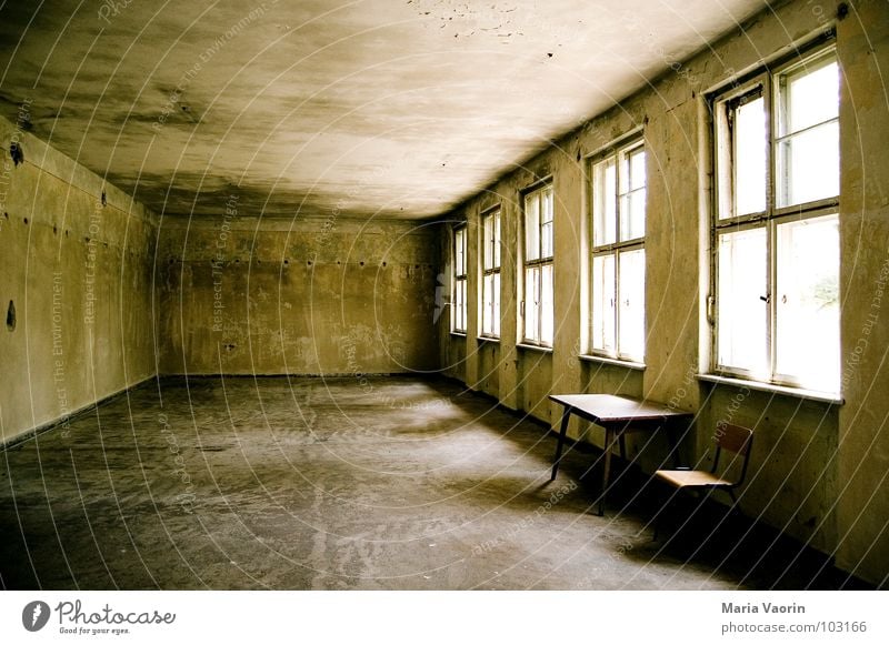 detention Table Loneliness Empty Window Gloomy Forget Cold Light Shaft of light On detention Deserted Dark Derelict Transience Furniture Bench Chair Room left