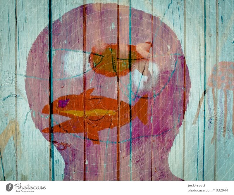 fish in the head Head Art Street art Fish Wooden fence Pictogram Think Dream Happiness Moody Agreed Creativity Whimsical Surrealism Irritation Double exposure
