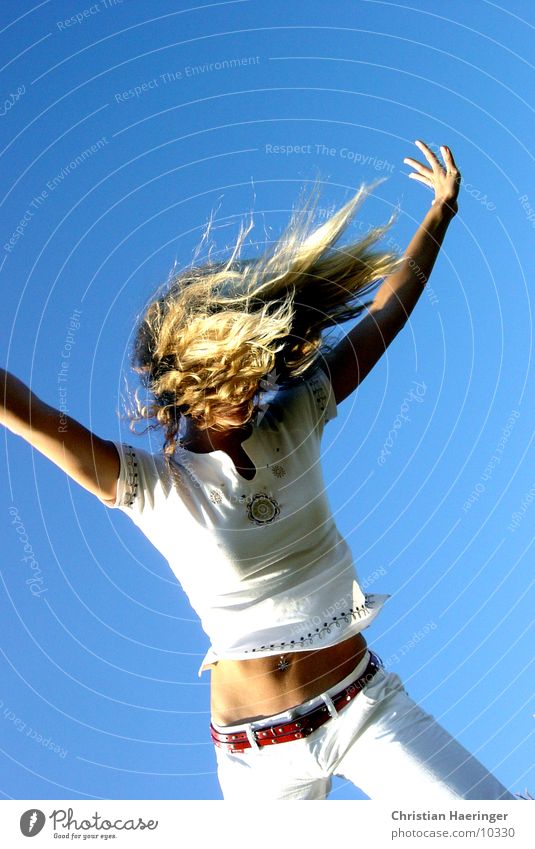 blue sky Sky Blue Blonde Stomach Piercing Woman Athletic White Progress Hair and hairstyles Belt Human being