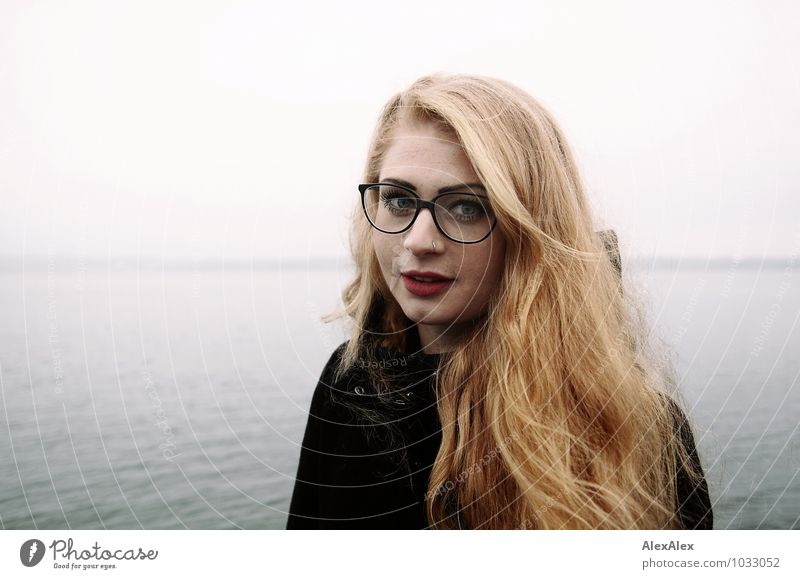 portrait Trip Ocean Young woman Youth (Young adults) Head Hair and hairstyles Freckles brood 18 - 30 years Adults Fog Bay Coat Eyeglasses Red-haired Long-haired