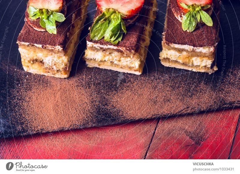 Three Tiramisu cakes with strawberries and chocolate Food Fruit Cake Dessert Chocolate Nutrition Vegetarian diet Diet Italian Food Style Design Table Kitchen